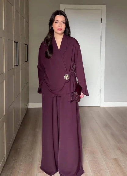 Women's V-Neck Jacket & Wide Leg Pants Set