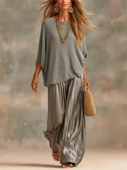 Women's Knit Top & Satin Wide Leg Pants Set