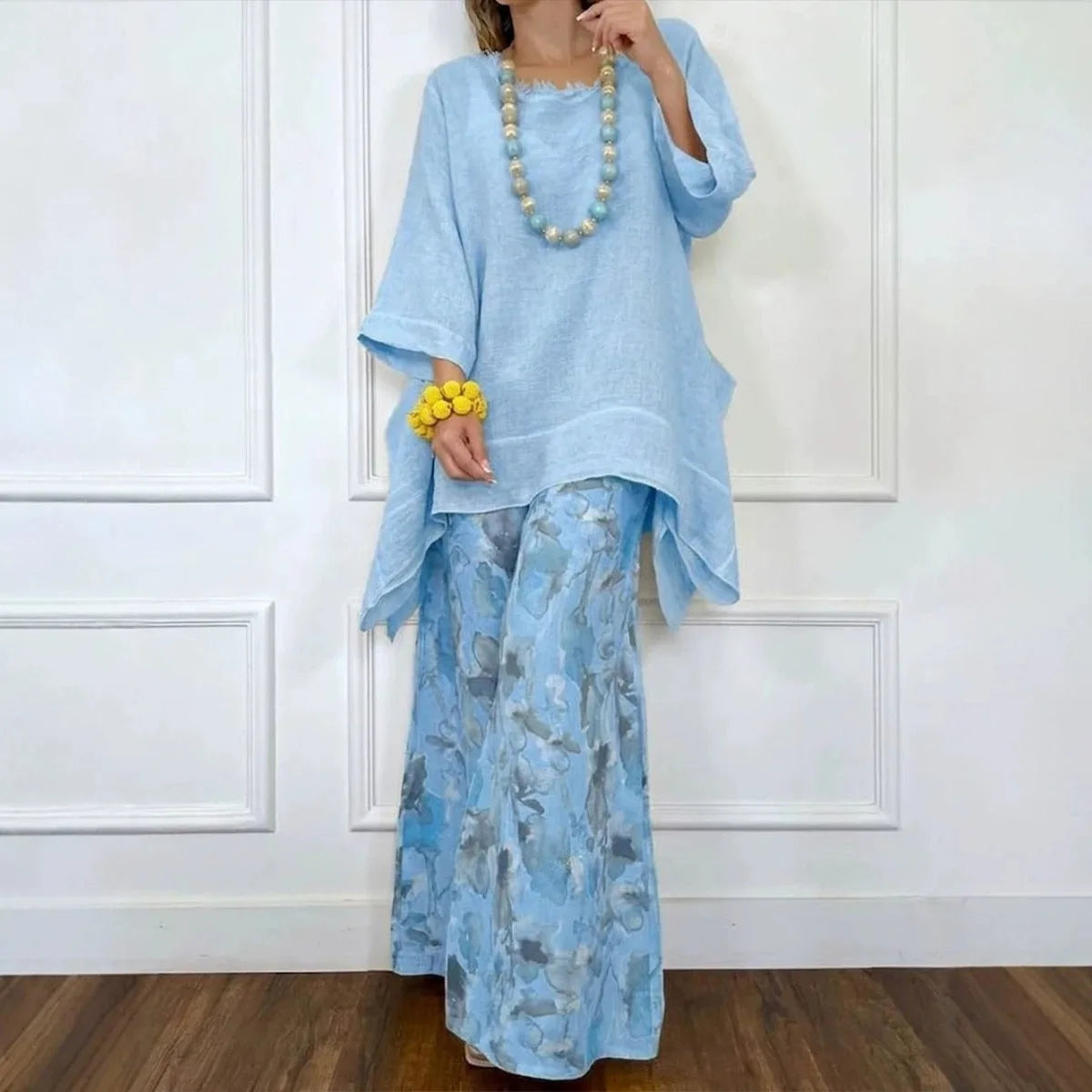 Women's Floral Linen Top & Wide Leg Pants Set