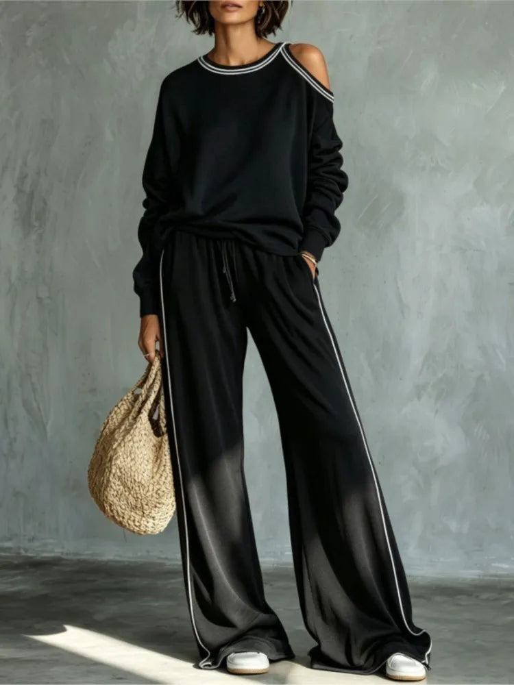 Women's Off-Shoulder Sweatshirt & Wide Leg Pants Set