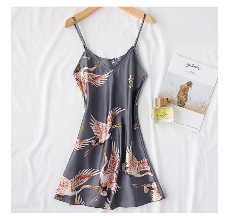 Sexy Women 2PC Silky Nightwear Gown Set V-Neck Pajama Sleepwear