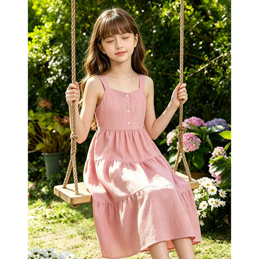 Girls 8–12Y Green Sleeveless Tiered Dress with Back Bow