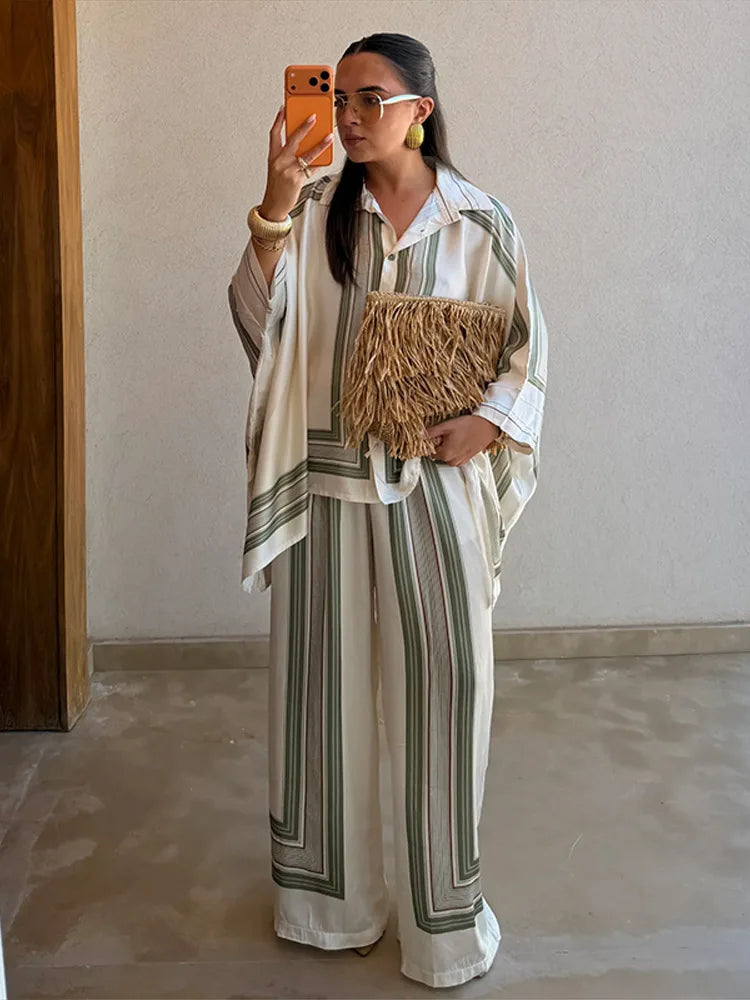 Women's Striped Shirt & Wide Leg Pants Set