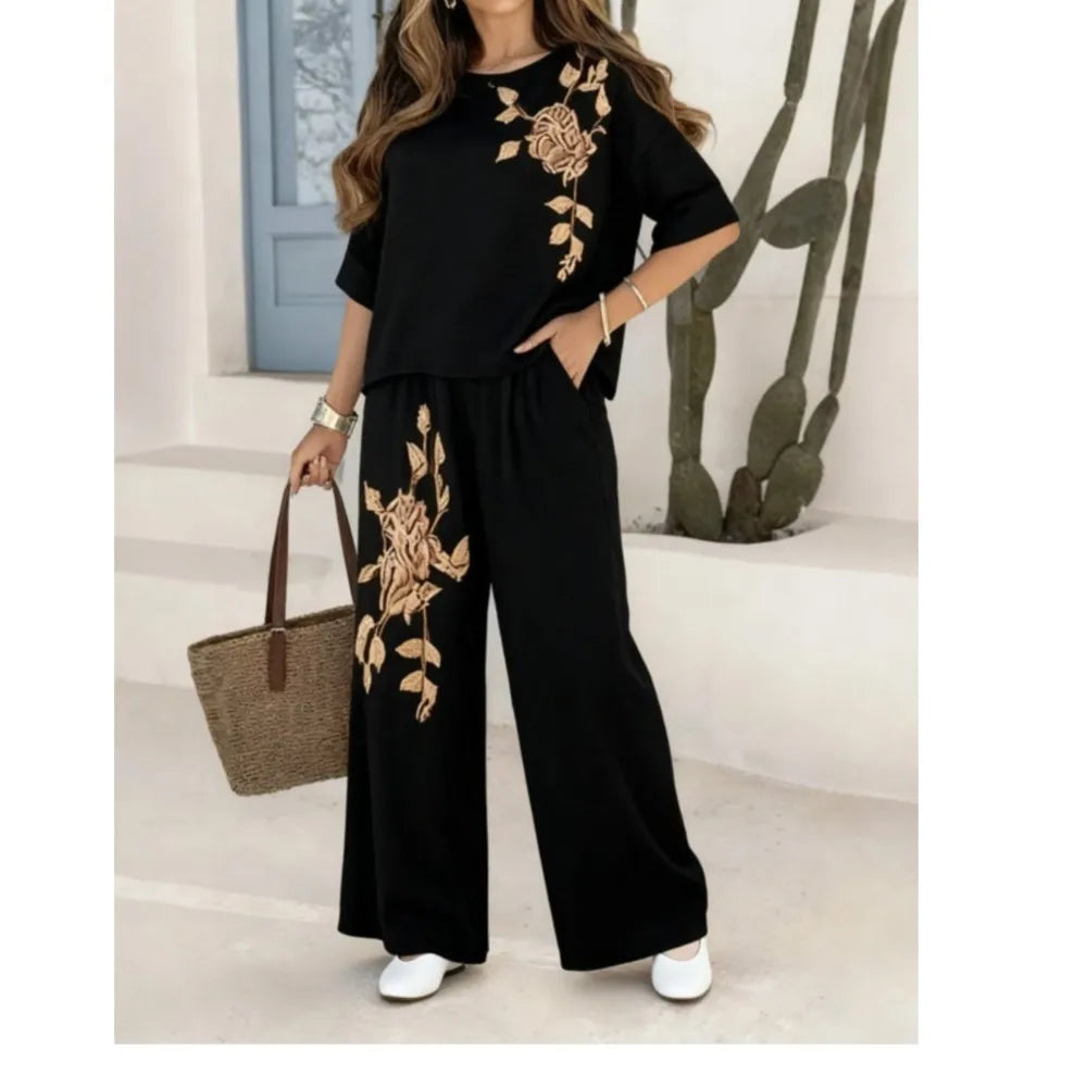 Women's Embroidered Top & Wide Leg Pants Set