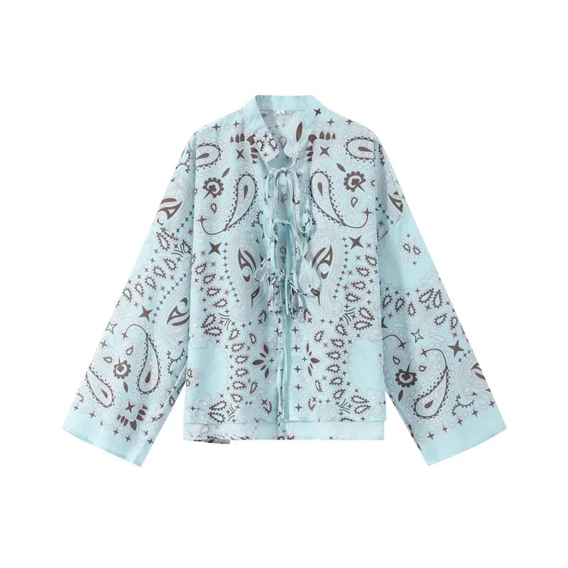 Women's Printed Lace-Up Shirt & Wide Leg Pants Set