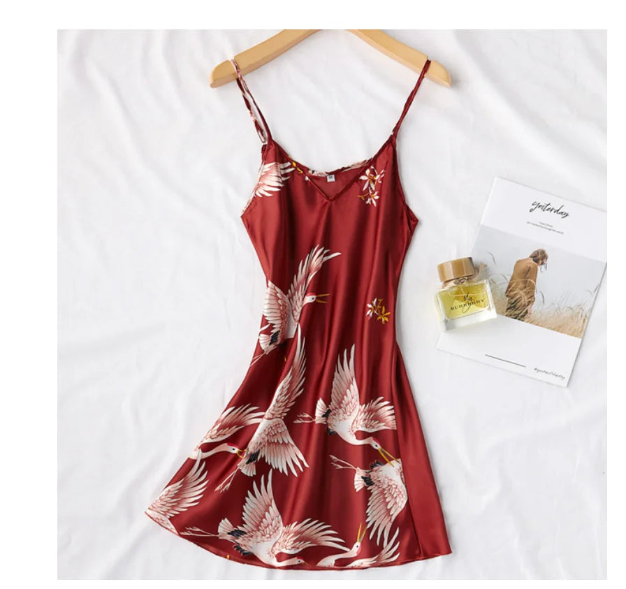 Sexy Women 2PC Silky Nightwear Gown Set V-Neck Pajama Sleepwear