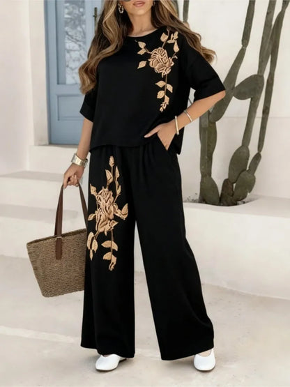 Women's Embroidered Top & Wide Leg Pants Set
