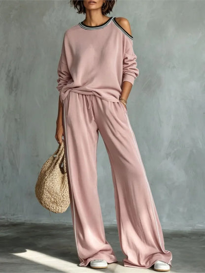 Women's Off-Shoulder Sweatshirt & Wide Leg Pants Set