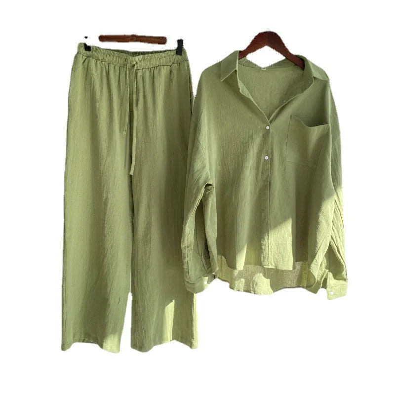 2 pieces women sets 2026 retro solid colorcotton linen shirt+high-waisted loose trousers sets women's clothing