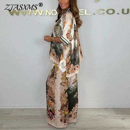 Spring Batwing Sleeve Button Top And Pant Sets Vintage Pattern Print Satin Casual Outfits Woman Loose Summer 2pcs Suits Harajuku