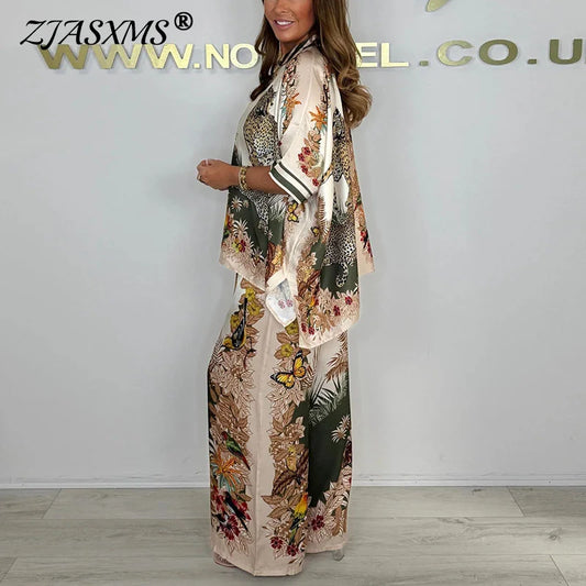 Spring Batwing Sleeve Button Top And Pant Sets Vintage Pattern Print Satin Casual Outfits Woman Loose Summer 2pcs Suits Harajuku