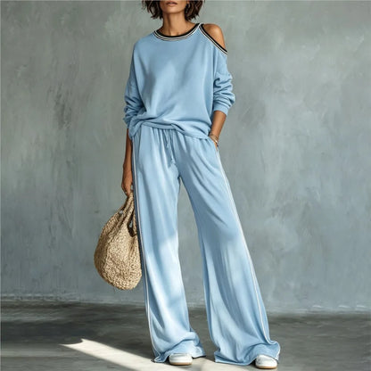 Women's Off-Shoulder Sweatshirt & Wide Leg Pants Set