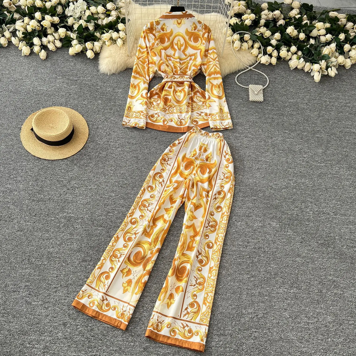 Women's Printed Shirt & Wide Leg Pants Set