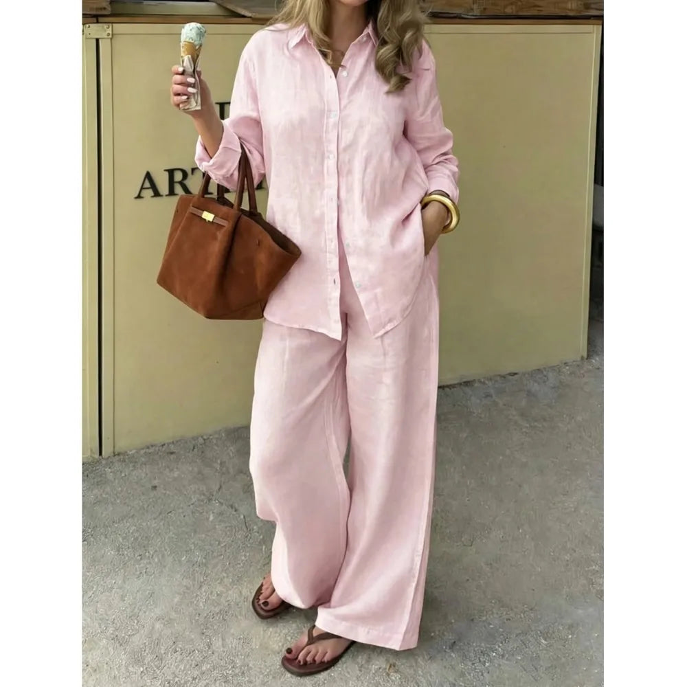 Women's Linen Shirt & Wide Leg Pants Set
