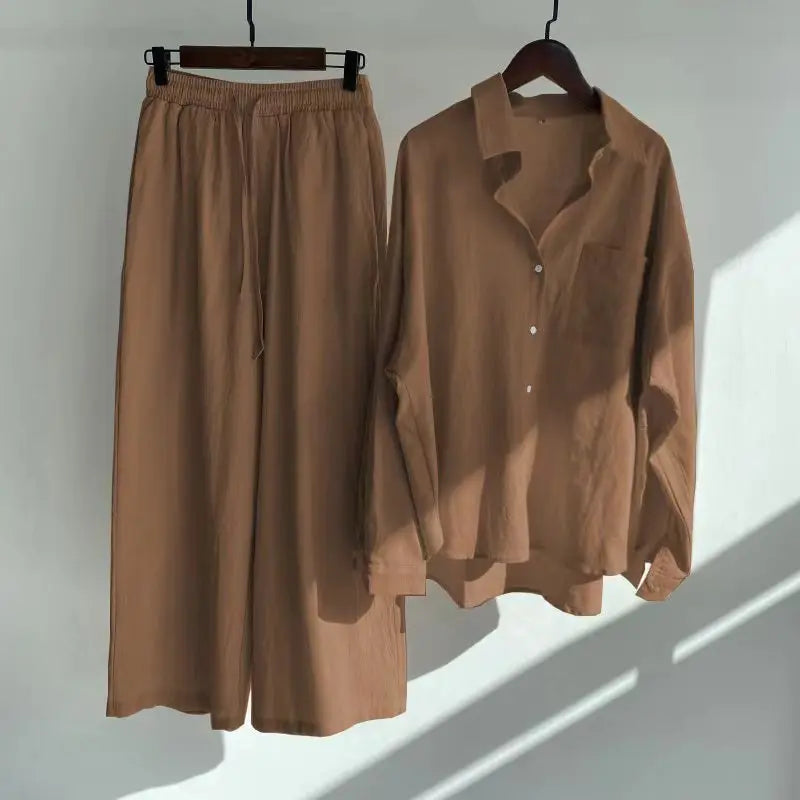 2 pieces women sets 2026 retro solid colorcotton linen shirt+high-waisted loose trousers sets women's clothing