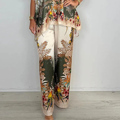 Spring Batwing Sleeve Button Top And Pant Sets Vintage Pattern Print Satin Casual Outfits Woman Loose Summer 2pcs Suits Harajuku