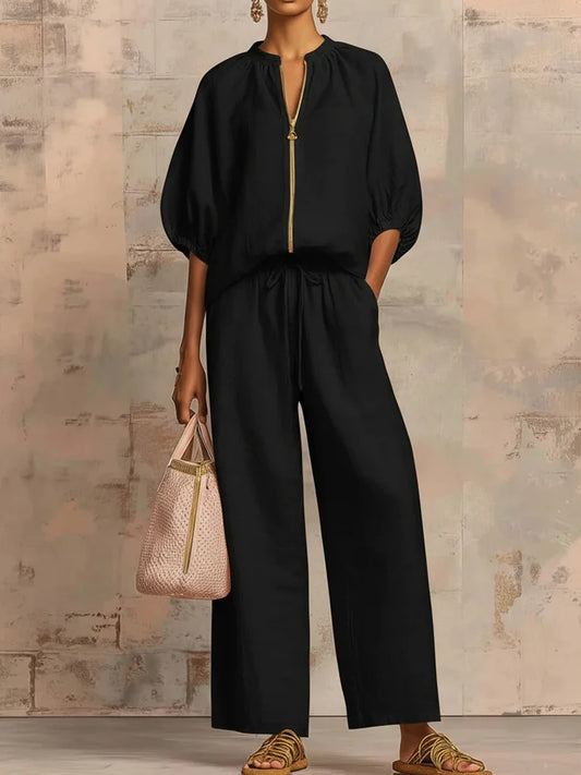 Fashion Simple Solid Wide Leg Pant Outfits  Elegant Zip Drawstring Loose Suit Casual O-neck Half Sleeve Shirt with Pants 2Pc Set