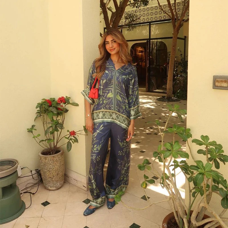 Women's Printed V-Neck Top & Wide Leg Pants Set