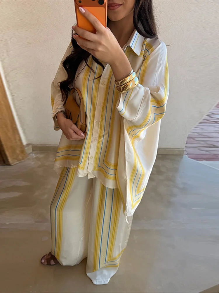 Women's Striped Shirt & Wide Leg Pants Set