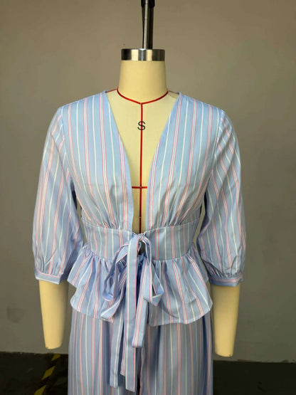 Women's Striped V-Neck Shirt & Wide Leg Pants Set