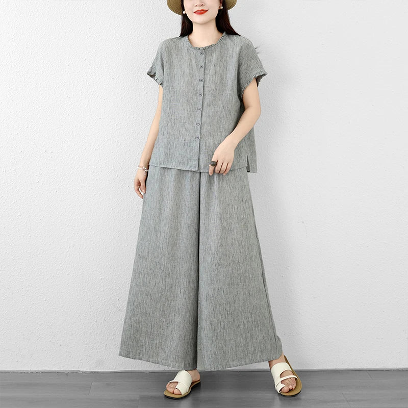 Women's Linen Blouse & Wide Leg Pants Set