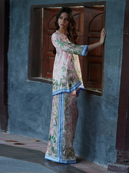 Women's Printed V-Neck Top & Wide Leg Pants Set