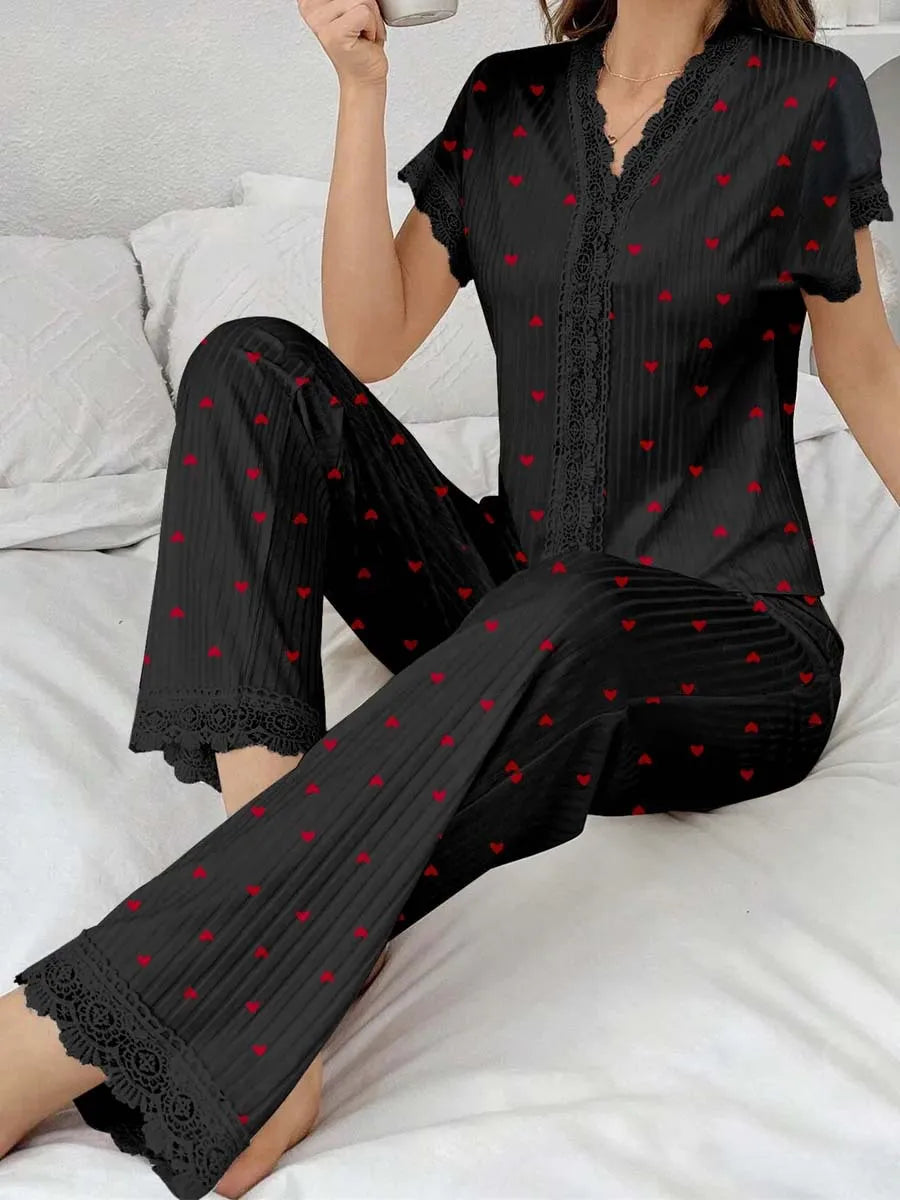 Women's Cherry Print Lace Trim Pajama Set