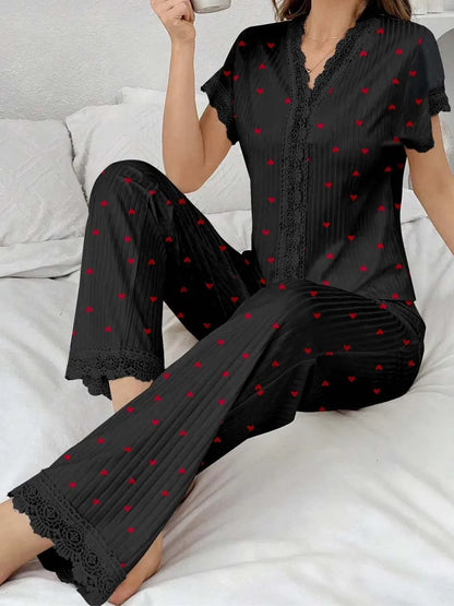 Women's Cherry Print Lace Trim Pajama Set