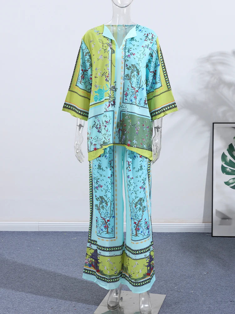 Women's Printed V-Neck Top & Wide Leg Pants Set