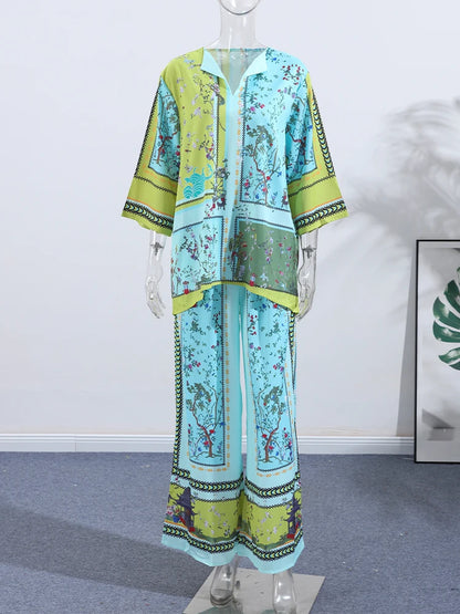Women's Printed V-Neck Top & Wide Leg Pants Set