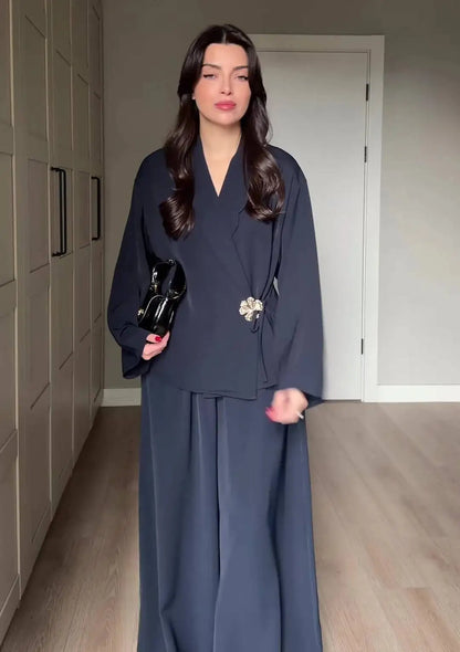 Women's V-Neck Jacket & Wide Leg Pants Set