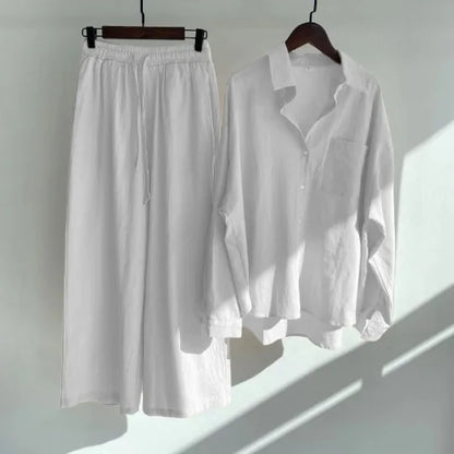 2 pieces women sets 2026 retro solid colorcotton linen shirt+high-waisted loose trousers sets women's clothing