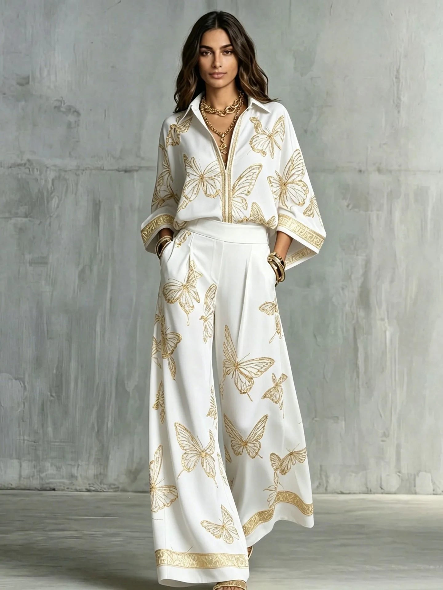 Retro Butterfly Print 2 Piece Set Lapel Zipper Solid Shirt Top + Wide Leg Trousers Holiday  Pants Set Matching Suit Outfit 2026
