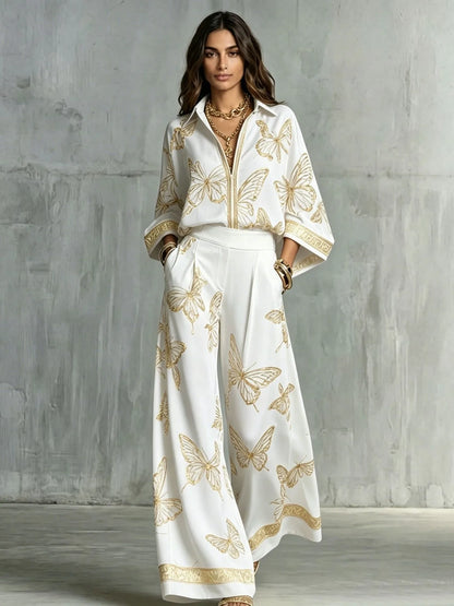 Retro Butterfly Print 2 Piece Set Lapel Zipper Solid Shirt Top + Wide Leg Trousers Holiday  Pants Set Matching Suit Outfit 2026