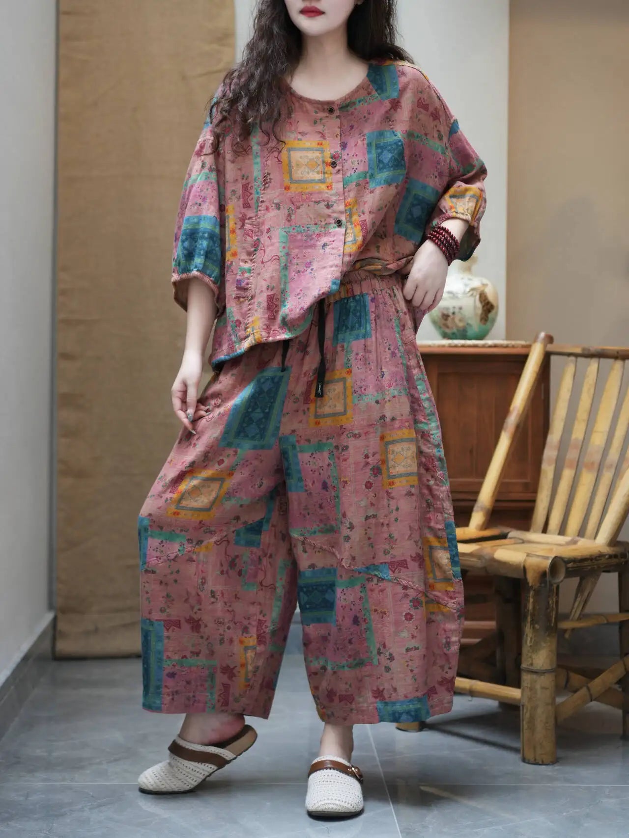 Printed Thin Suit Women Summer Loose Casual Linen Plus-size Ethnic Style Color-blocked Top + Pants Two Piece Set XY405