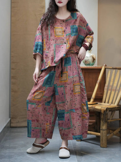 Printed Thin Suit Women Summer Loose Casual Linen Plus-size Ethnic Style Color-blocked Top + Pants Two Piece Set XY405