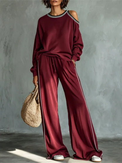 Women's Off-Shoulder Sweatshirt & Wide Leg Pants Set