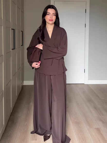 Women's V-Neck Jacket & Wide Leg Pants Set