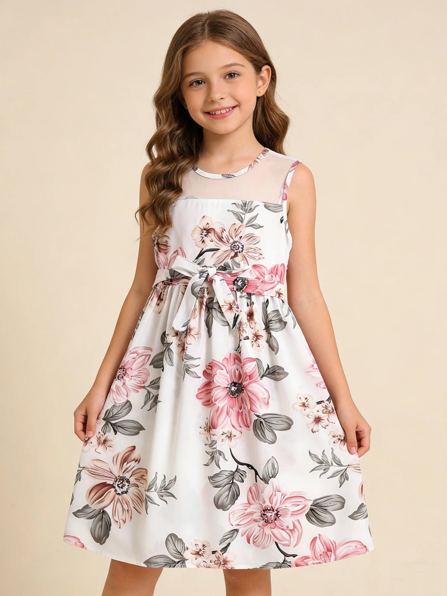 Girls Floral Print Sleeveless Lace Dress 🌸