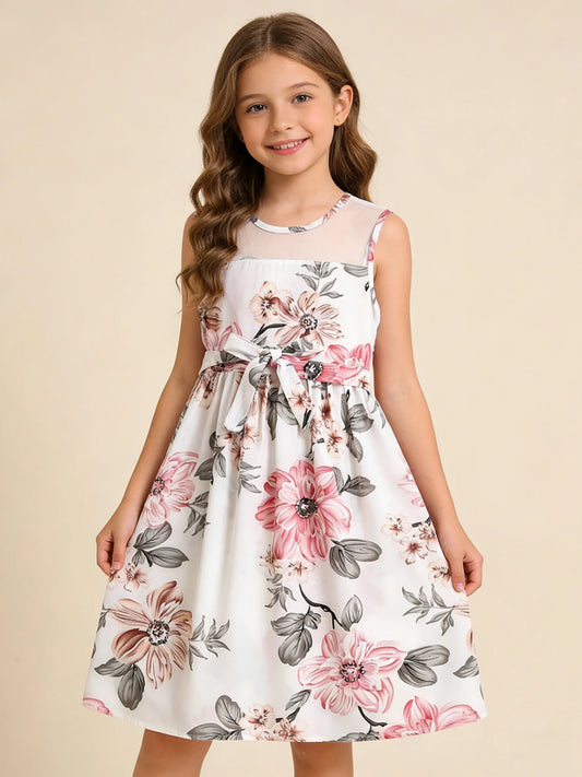 Girls Floral Print Sleeveless Lace Dress 🌸