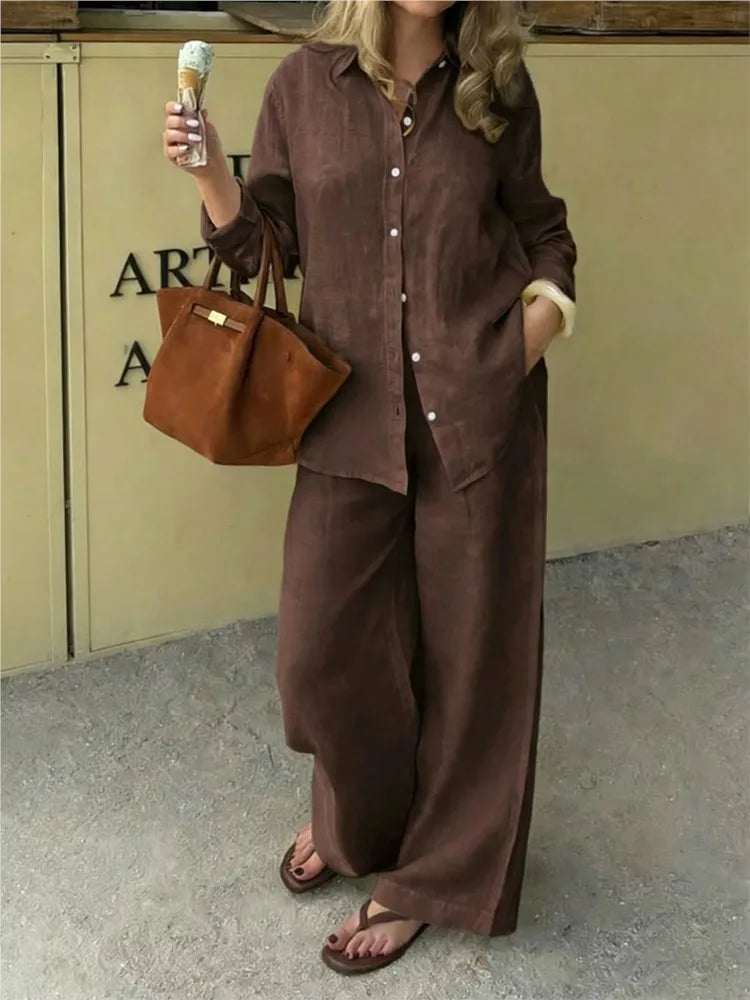 Women's Linen Shirt & Wide Leg Pants Set