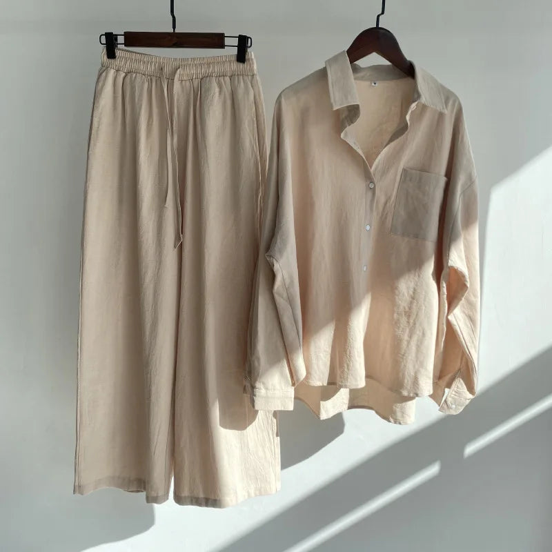 2 pieces women sets 2026 retro solid colorcotton linen shirt+high-waisted loose trousers sets women's clothing
