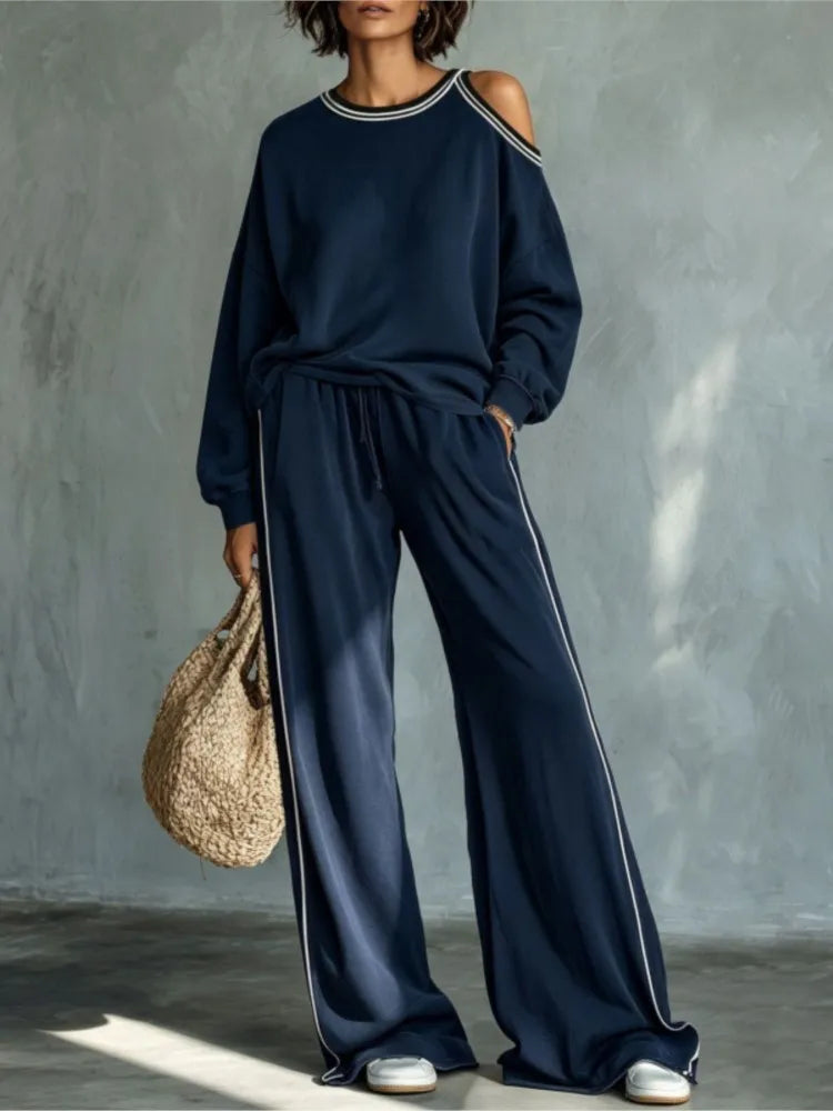Women's Off-Shoulder Sweatshirt & Wide Leg Pants Set