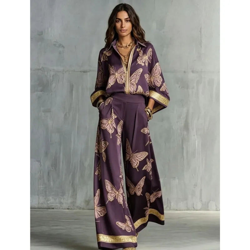 Retro Butterfly Print 2 Piece Set Lapel Zipper Solid Shirt Top + Wide Leg Trousers Holiday  Pants Set Matching Suit Outfit 2026