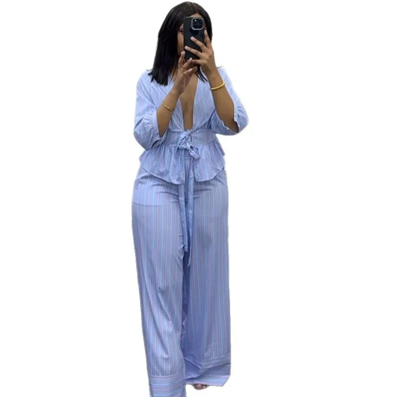 Women's Striped V-Neck Shirt & Wide Leg Pants Set