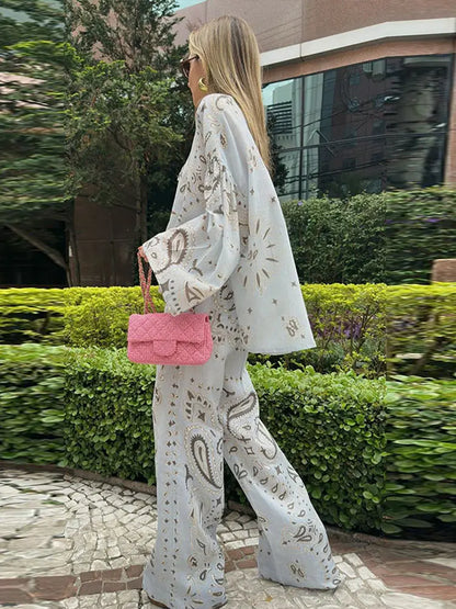 Women's Printed Lace-Up Shirt & Wide Leg Pants Set