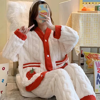 Women's Thick Flannel Coral Fleece Pajama Set