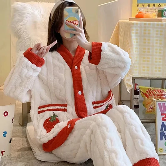 Women's Thick Flannel Coral Fleece Pajama Set