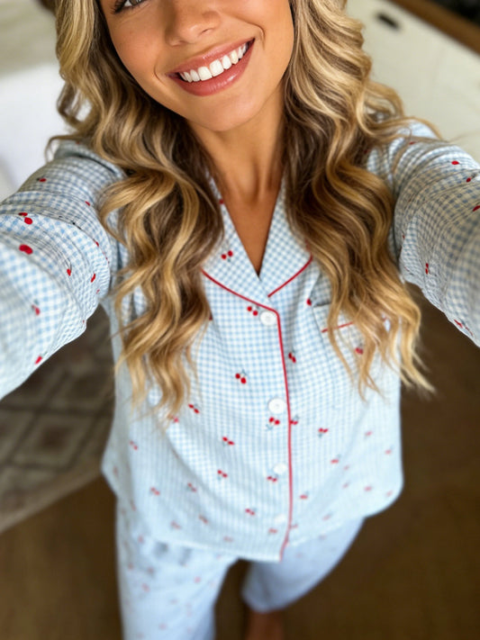 Women's Cherry Print Pajama Set Long Sleeve