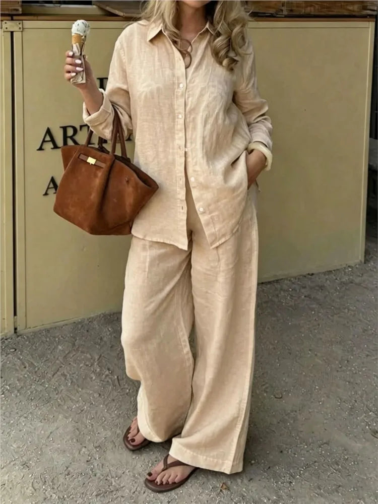 Women's Linen Shirt & Wide Leg Pants Set